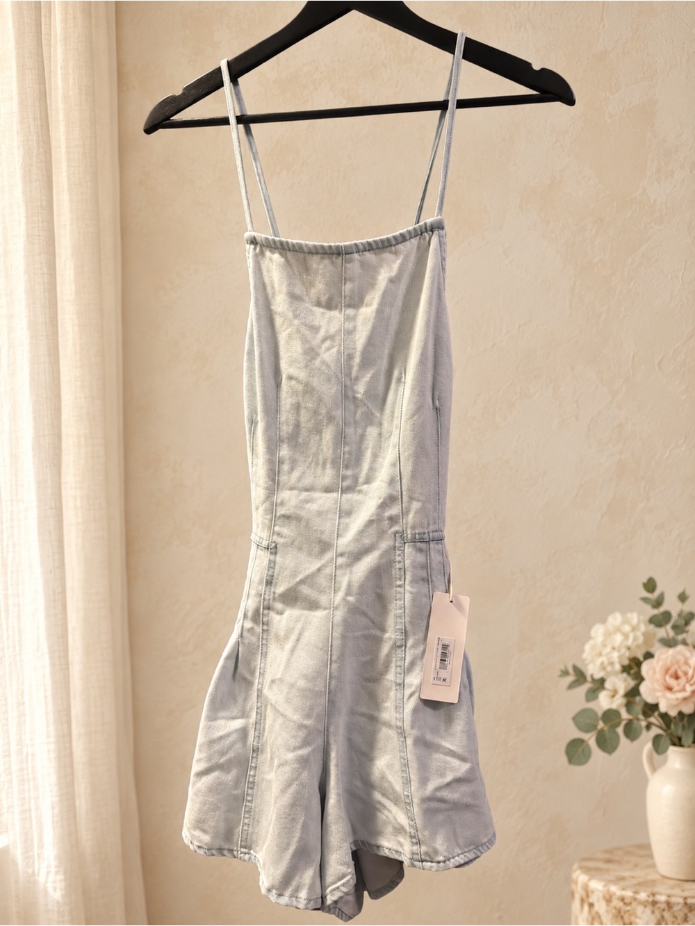 NWT - Altar’d State Light Blue Denim Romper Jumpsuit with Spaghetti Straps